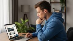 парень читает новости в ноутбуке