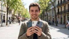 хлопець зі смартфонами