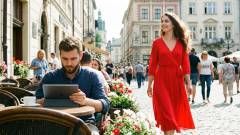 хлопець працює з планшетом